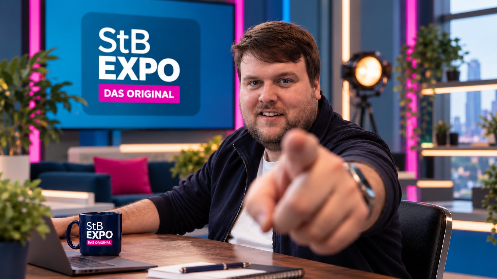 Stefan Homberg im StB EXPO Studio zeigt auf die Kamera